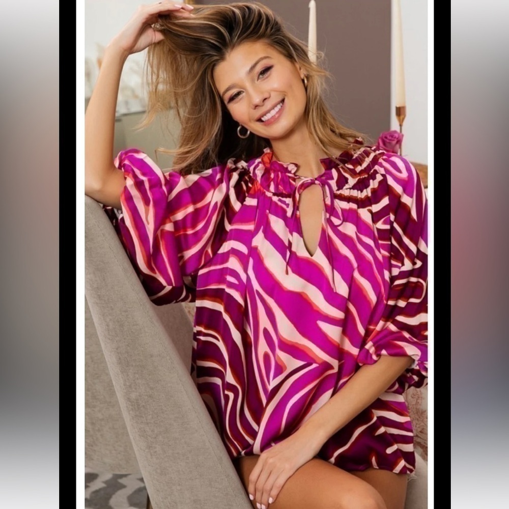 Bibi Vibrant Pink Zebra Print Women's Top M - Picture 2 of 7